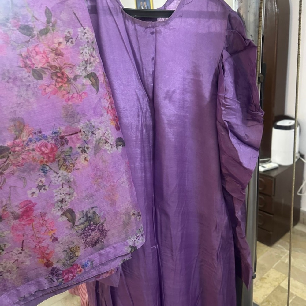 Purple Floral Dress with organza dupatta